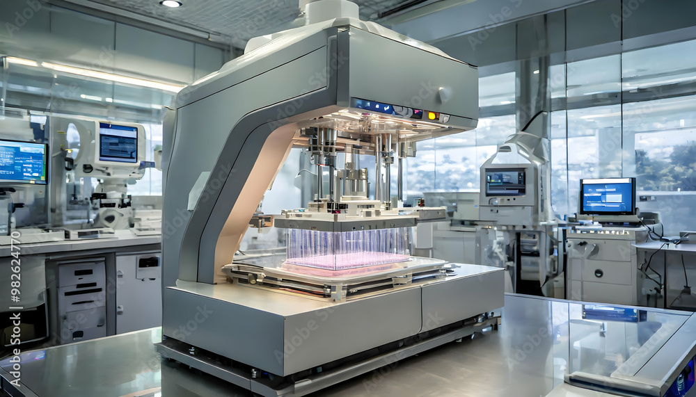 bioprinting machine creating human cells in a high-tech laboratory. The surrounding environment is sterile, with faint reflections of laboratory equipment in the glossy surfaces bioprinting machine creating human cells in a high-tech laboratory. The surrounding environment is sterile, with faint reflections of laboratory equipment in the glossy surfaces