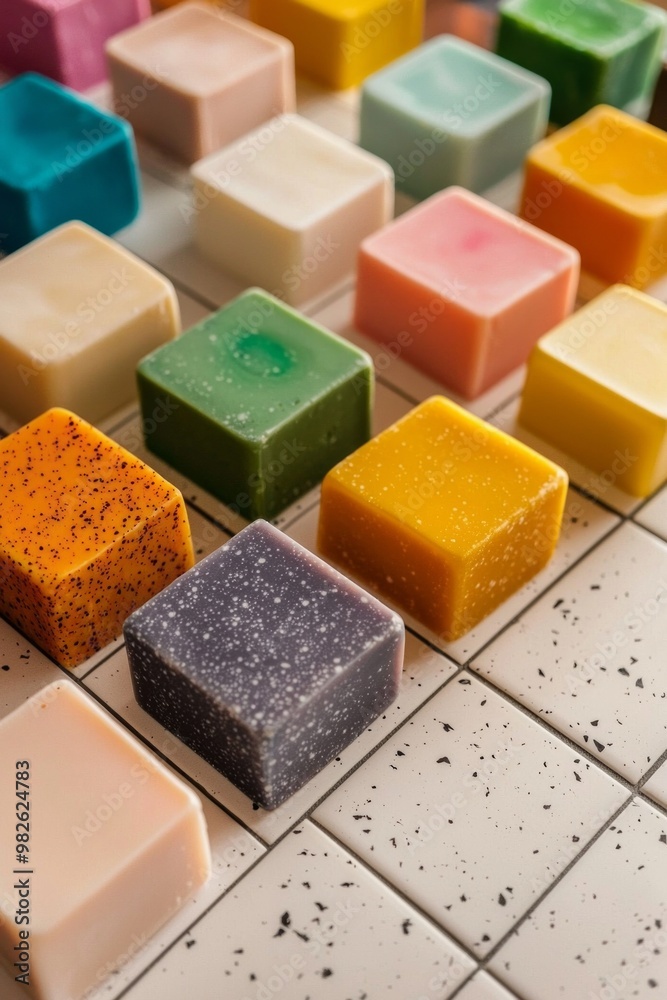 Colorful soap bars arranged in a geometric pattern on a bathroom counter. Colorful soap bars arranged in a geometric pattern on a bathroom counter.
