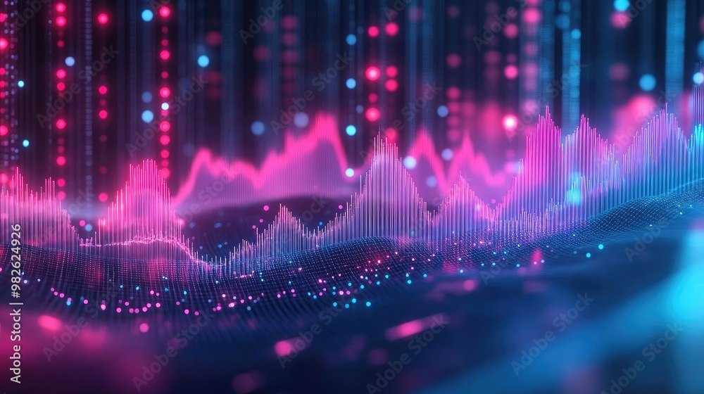 Vibrant sound wave visualization with pink and blue hues, representing digital audio data and modern technology. Vibrant sound wave visualization with pink and blue hues, representing digital audio data and modern technology.