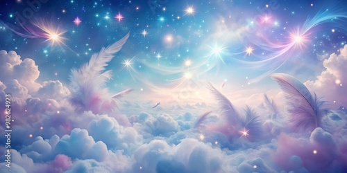 Dreamy, feathery clouds congregate in a shimmering sky, awash with gentle, cotton-candy hues, as twinkling, diamond-like sparkles disperse a sense of magic and wonder.