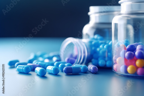 Capsules pill spilled out from plastic bottle container. Global healthcare concept. Antibiotics drug resistance. Antimicrobial capsule pills.  photo