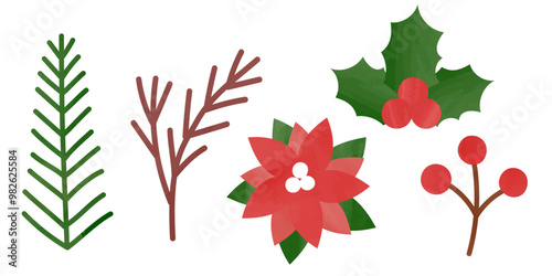 クリスマスの手書きの風合いの植物セット