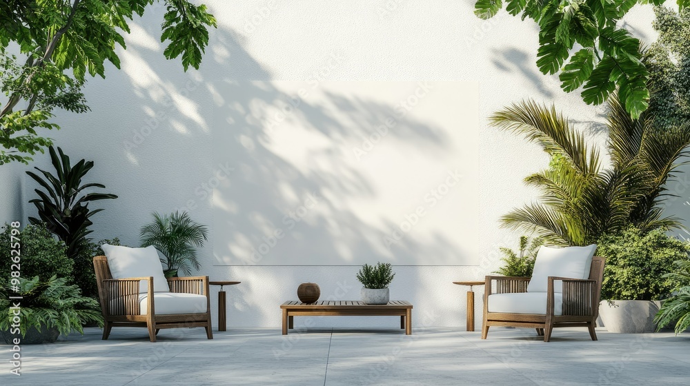Fototapeta premium Backyard patio of a modern home with a blank wall, ideal for copy. Stylish outdoor furniture and vibrant plants frame the scene.