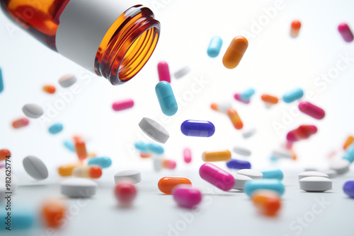 Capsules pill spilled out from plastic bottle container. Global healthcare concept. Antibiotics drug resistance. Antimicrobial capsule pills. 