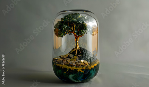 Plant Growing Out Of Coin Jar On Table In Office With Soft Grey Background - Investing And Business Success Concept