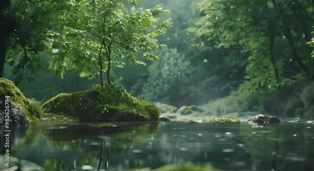 A Serene Forest Stream With Lush Greenery and a Small Tree A Serene Forest Stream With Lush Greenery and a Small Tree