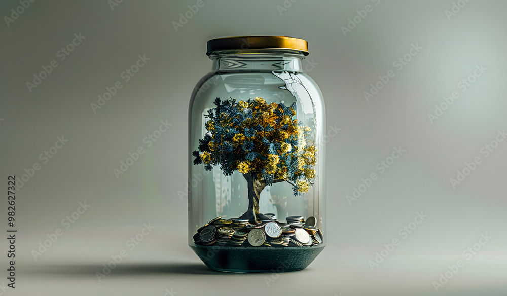 Plant Growing Out Of Coin Jar On Table In Office With Soft Grey Background - Investing And Business Success Concept Plant Growing Out Of Coin Jar On Table In Office With Soft Grey Background - Investing And Business Success Concept