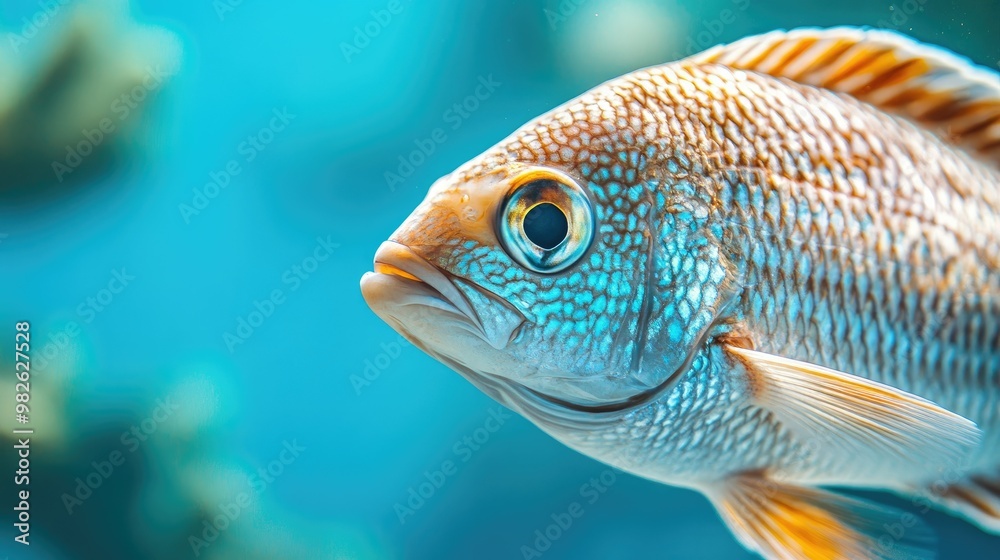 Detailed close-up of a sea fish with an intricate scale pattern, set against a serene blue ocean backdrop Detailed close-up of a sea fish with an intricate scale pattern, set against a serene blue ocean backdrop