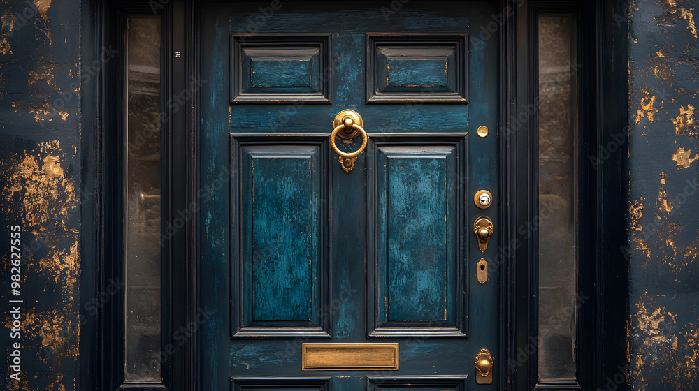 A classic blue door with a brass knocker and a brass mailbox. The door is surrounded by a patterned wall with gold accents. A classic blue door with a brass knocker and a brass mailbox. The door is surrounded by a patterned wall with gold accents.