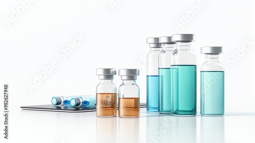 Set of glass vials containing colorful liquids, showcasing medical preparations and laboratory equipment for healthcare and research.