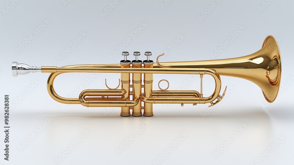 A shiny brass trumpet displayed on a neutral background. A shiny brass trumpet displayed on a neutral background.