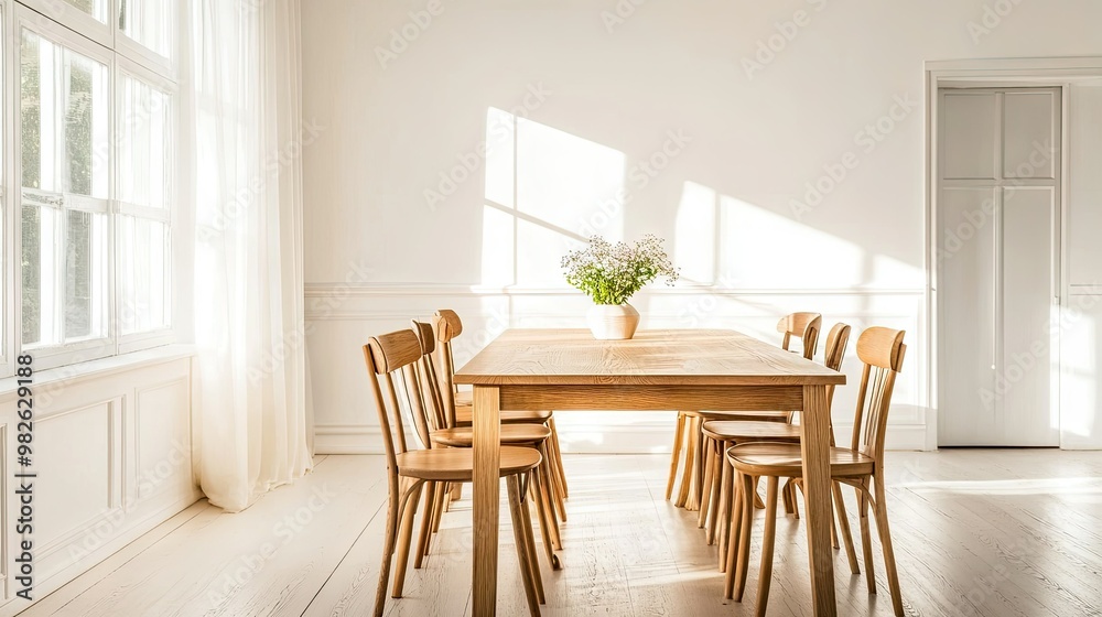 Fototapeta premium Minimalist dining room with a simple wooden table and chairs, white walls, and an uncluttered layout. The space around allows for clean copy placement.