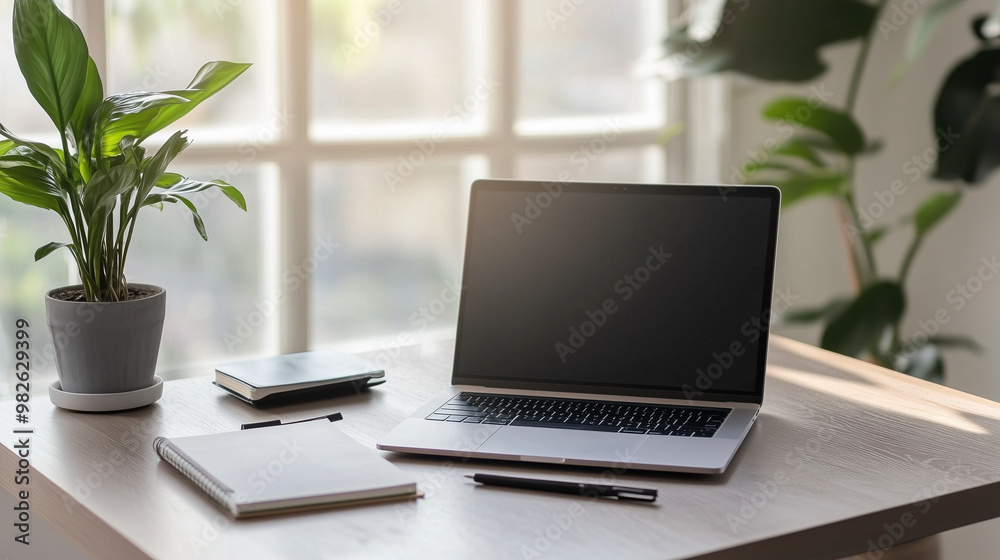 Fototapeta premium Minimalist Workspace with Laptop, Notebooks, and Plant