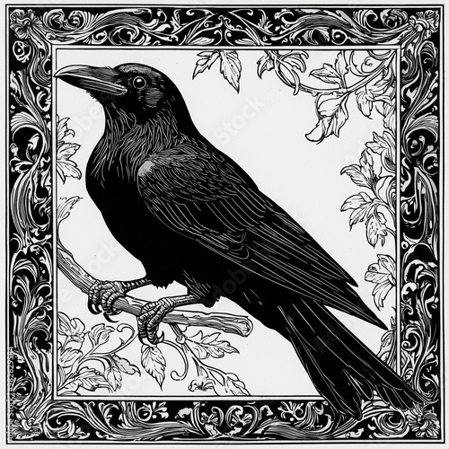 Mystical Art Nouveau Raven in Vintage Border - Intricate Black and White Woodcut Illustration for Design and Decor