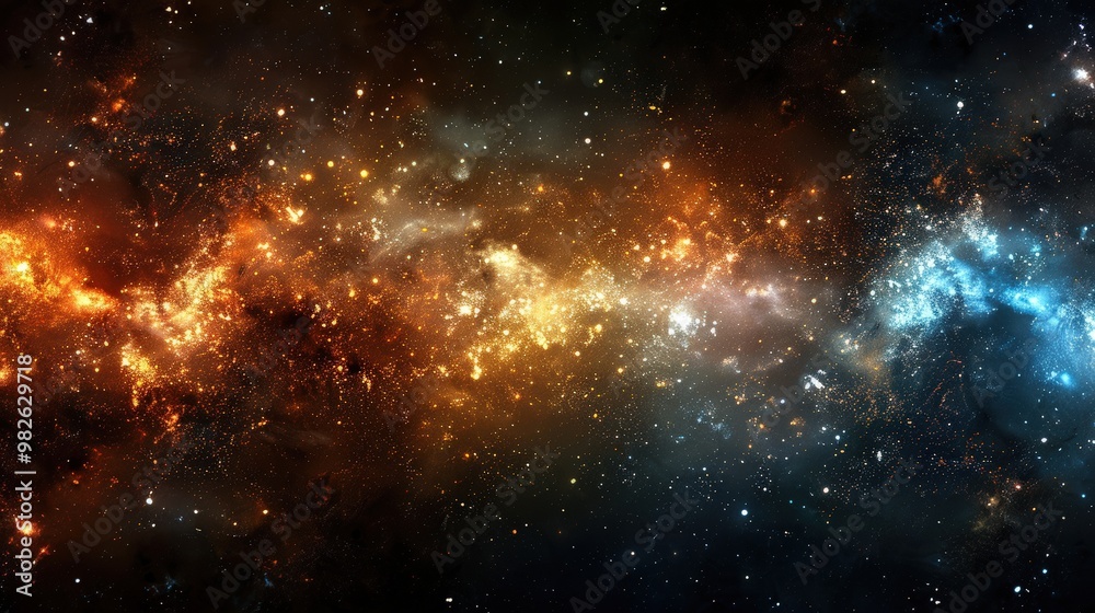 Obraz premium Vast galaxy filled with bright orange and blue star clusters, glowing dust, and sparkling particles. Stunning cosmic nebula captures the beauty of the universe in this abstract starry space scene.