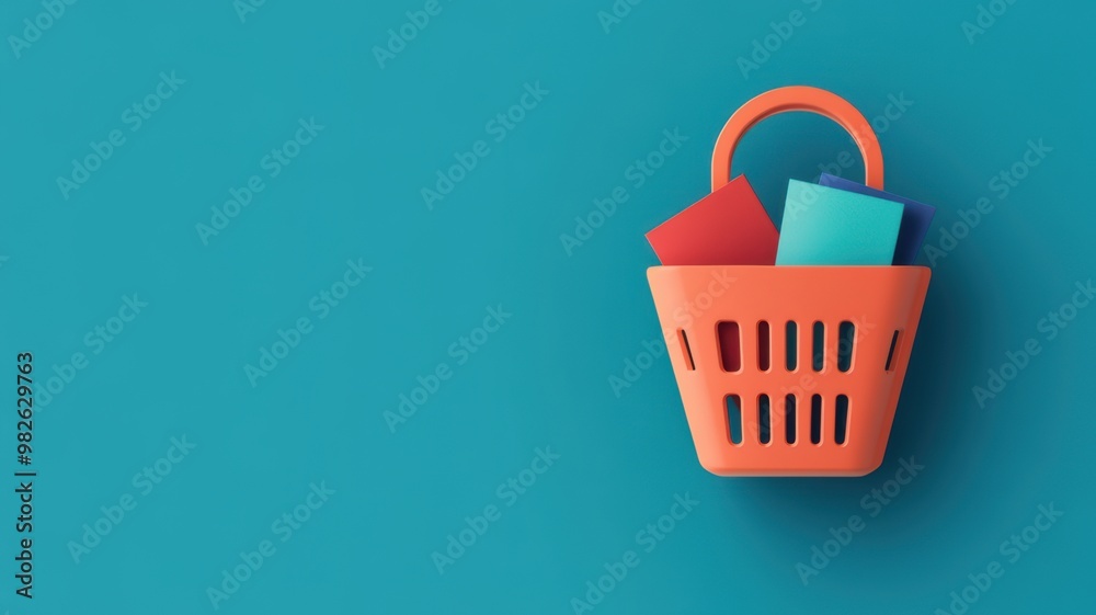 Fototapeta premium A vibrant shopping basket filled with colorful items, set against a turquoise background, evoking a cheerful shopping vibe.