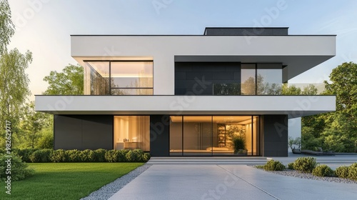 Modern house exterior with a large blank wall, offering ample copy space. Clean lines and minimalist design in a suburban setting.