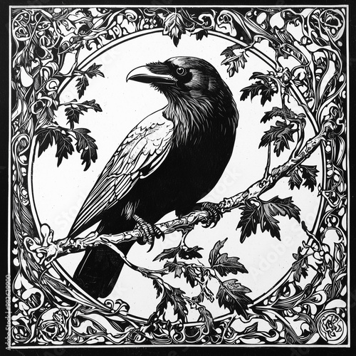 Enchanting Art Nouveau Raven in Black and White on Vintage Border