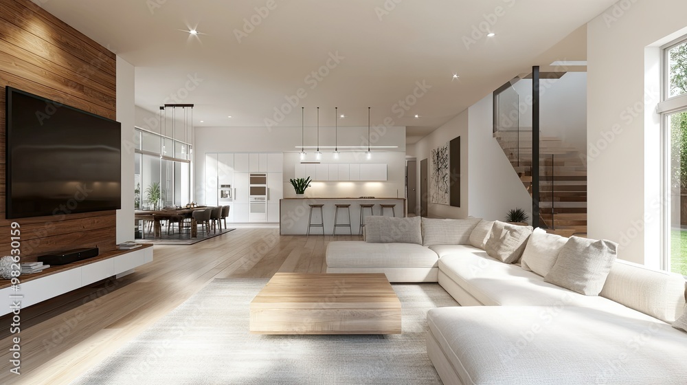 Open-concept living room with a large empty wall, ready for text or graphics. Bright, airy, and modern, with soft lighting. Open-concept living room with a large empty wall, ready for text or graphics. Bright, airy, and modern, with soft lighting.
