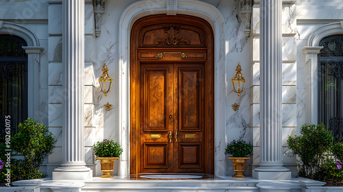 A grand wooden door with ornate details, flanked by columns and potted plants, on the facade of a marble building.