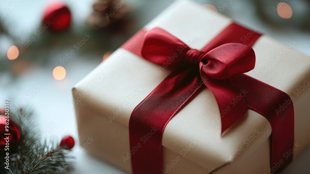 A beautifully wrapped gift with a red bow, set in a festive scene. A beautifully wrapped gift with a red bow, set in a festive scene.