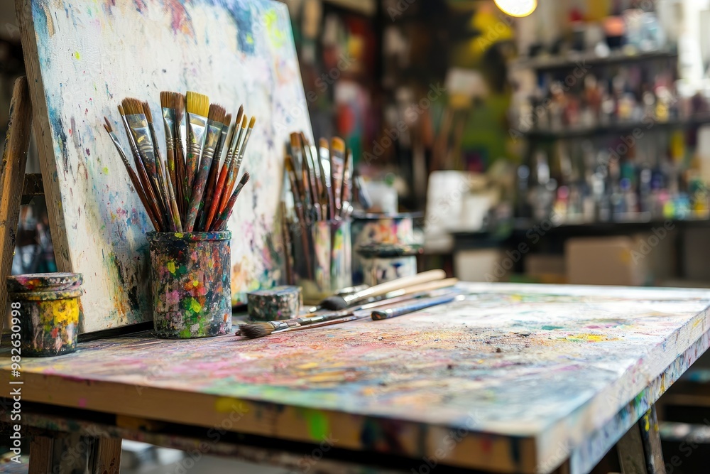 Close up view of creative workspace with decorations, painting tools and copy space with generative ai Close up view of creative workspace with decorations, painting tools and copy space with generative ai