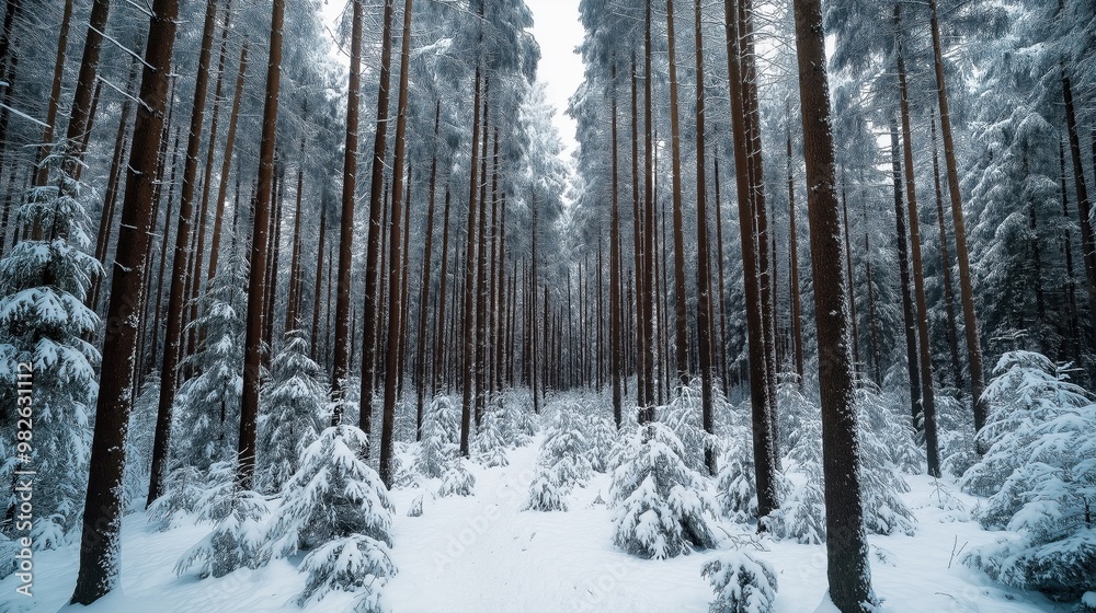 Dense winter forest with tall pine trees and snow-covered ground and branches, creating a serene and cold atmosphere. Dense winter forest with tall pine trees and snow-covered ground and branches, creating a serene and cold atmosphere.