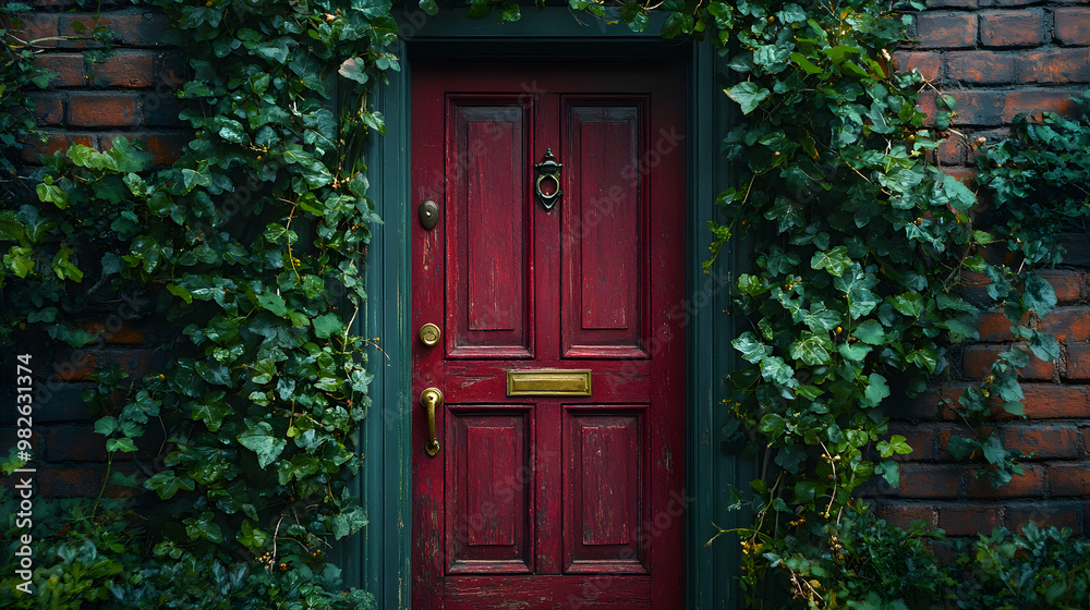 A red wooden door with a brass knocker is framed by lush green ivy growing on a brick wall. A red wooden door with a brass knocker is framed by lush green ivy growing on a brick wall.