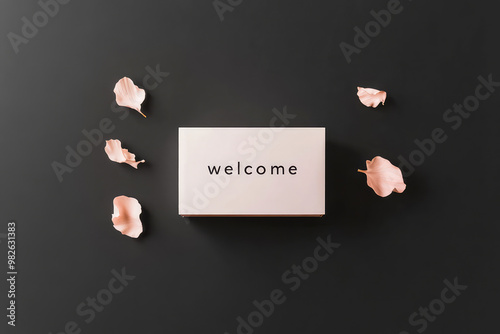 A minimalist 'Welcome' sign is surrounded by delicate pink petals, offering a warm and inviting feeling. The contrast with the dark background adds a touch of sophistication. photo