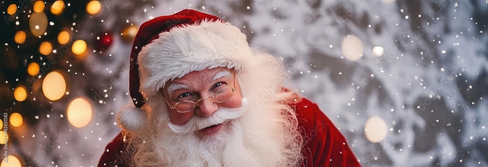 Joyful Santa Claus holds a festive cookie, surrounded by snowflakes and warm holiday lights, spreading Christmas cheer. Joyful Santa Claus holds a festive cookie, surrounded by snowflakes and warm holiday lights, spreading Christmas cheer.