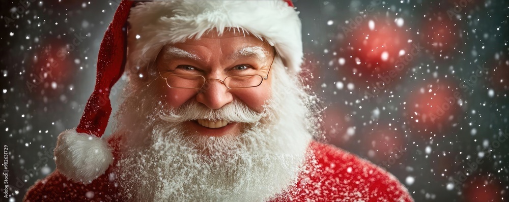 Joyful Santa Claus smiles as snow falls around him, embodying the spirit of Christmas with warmth and cheer. Joyful Santa Claus smiles as snow falls around him, embodying the spirit of Christmas with warmth and cheer.