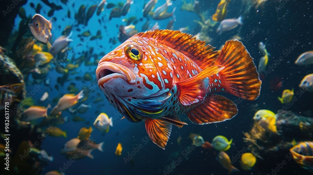 Fototapeta premium Underwater photograph of a striking sea fish with vivid colors, surrounded by schools of smaller fish and marine vegetation