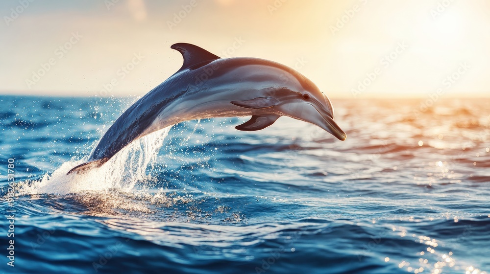 Fototapeta premium A dolphin leaps out of the water, its body arched and its tail flapping