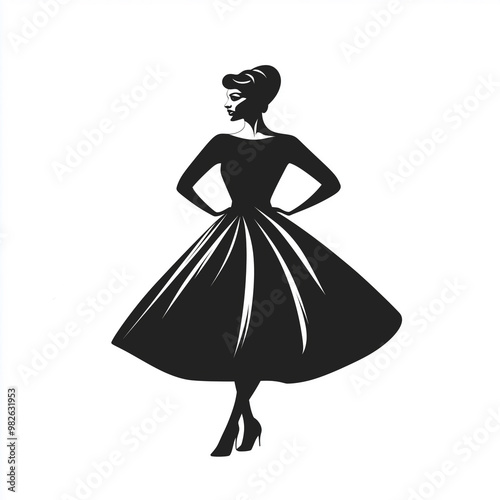 Wallpaper Mural Elegant Vintage Silhouette of a 1950s Woman in Fashion Dress Icon on White Background Torontodigital.ca