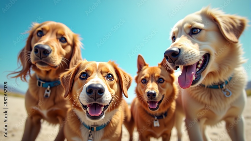 a group of dogs are sitting in front of a blue sky. a group of dogs are sitting in front of a blue sky.