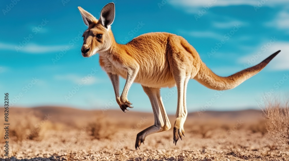 Naklejka premium A kangaroo is leaping through the desert