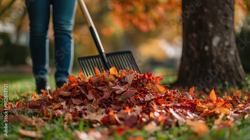 Man Cleaning Yard in Autumn with a Rake on a Breezy Day