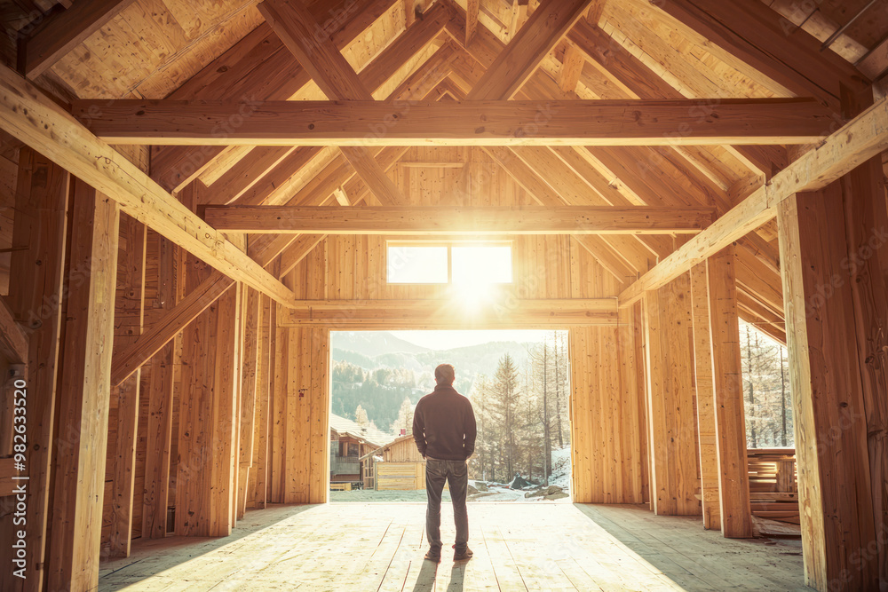 Architect wooden buildings. Man stands under frame wooden house. Architect wooden buildings. Man stands under frame wooden house.