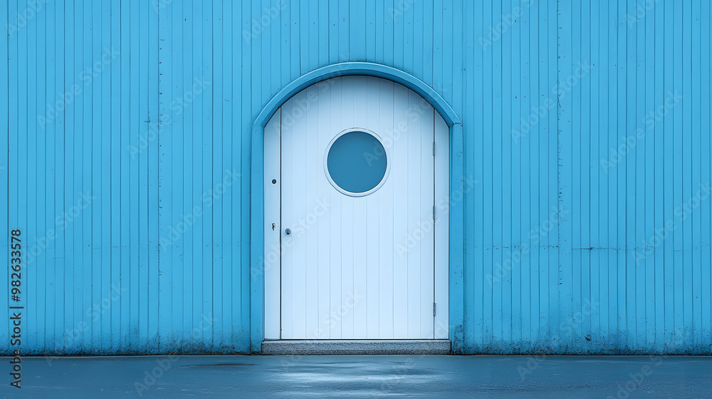A white arched door with a round window sits against a blue corrugated metal wall. A white arched door with a round window sits against a blue corrugated metal wall.