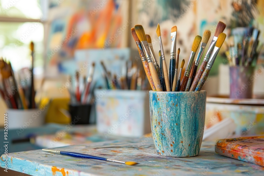Close up view of creative workspace with decorations, painting tools and copy space with generative ai Close up view of creative workspace with decorations, painting tools and copy space with generative ai