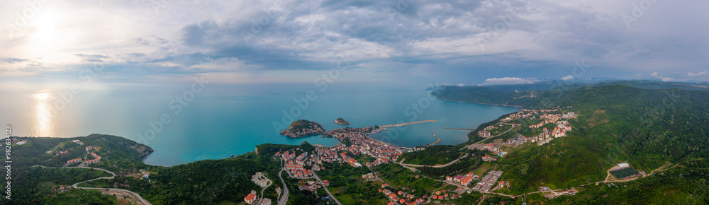 Beautiful cityscape on the mountains over Black-sea, Amasra. Amasra traditional Turkish architecture