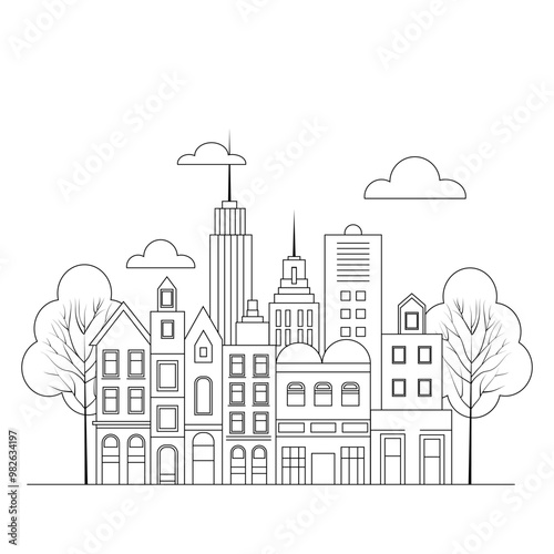 Outline Illustration in a simple, minimal geometric style - a cityscape with buildings and trees, presented as a horizontal banner.