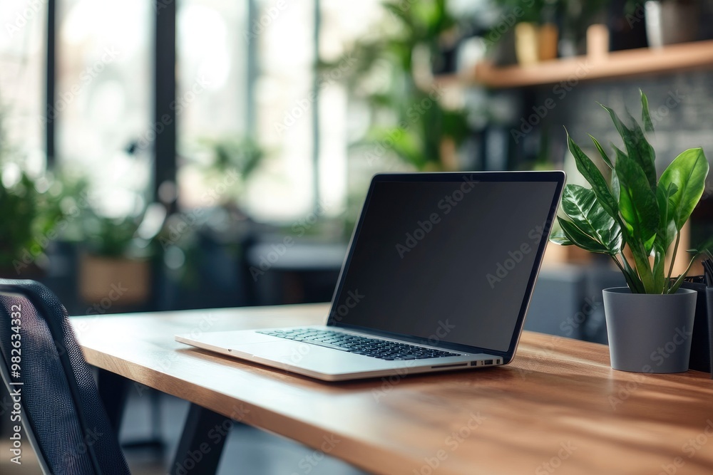 Close-up, a women's office desk with modern laptop computer with generative ai