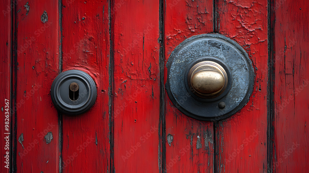 Fototapeta premium Close-up of a vintage door knocker and keyhole on a red wooden door.
