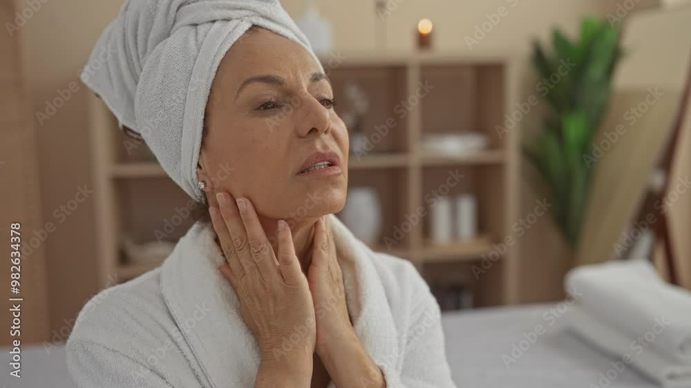 Woman in a spa wearing a towel practicing facial massage in a wellness center room, depicting beauty and relaxation Woman in a spa wearing a towel practicing facial massage in a wellness center room, depicting beauty and relaxation