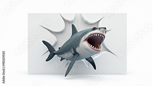 There is a 3D painting of a shark with a toothy mouth on the wall