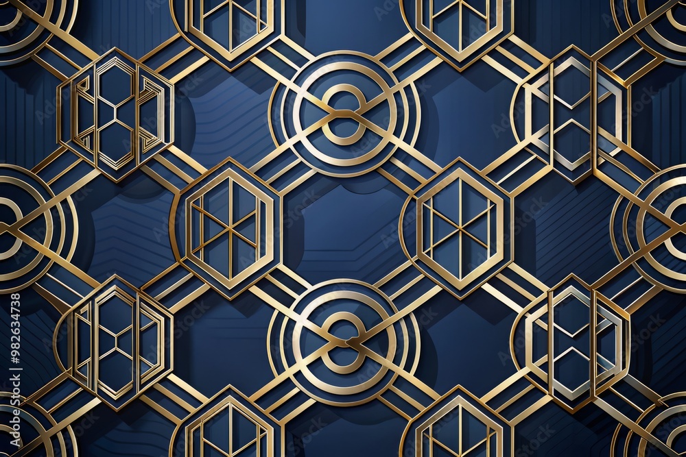 Elegant, Art Deco-inspired typography featuring interlocking circles and hexagons in metallic silver and gold, set against a rich, dark blue background, exuding luxury and sophistication. Elegant, Art Deco-inspired typography featuring interlocking circles and hexagons in metallic silver and gold, set against a rich, dark blue background, exuding luxury and sophistication.