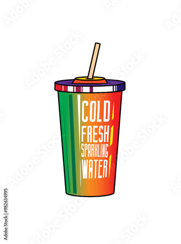 Fast food plastic cup with straw. Hot or cold drink. Original vector illustration in vintage style.