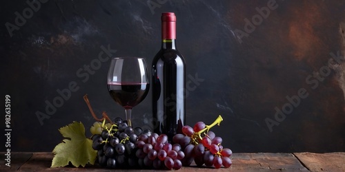 Unbranded red wine bottle and grapes isolated on a dark rustic background with copy space.