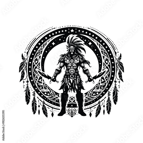 barbarian warrior with bohemian decoration in black and white illustrations, cutout graphic w